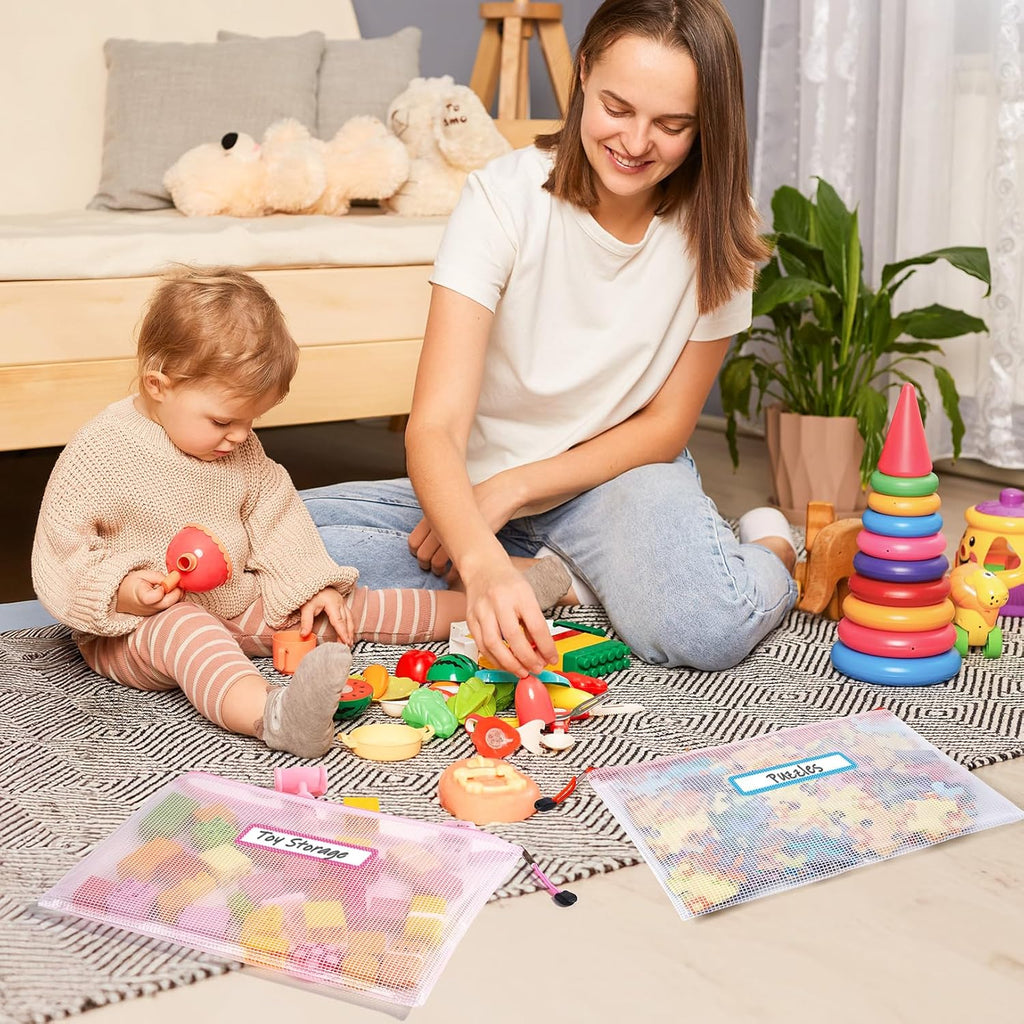 Sooez 24 Pack Mesh Zipper Pouches - Durable A4 Storage Bags with Sticky Labels for Organizing Toys & Games