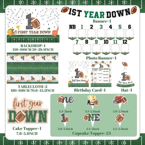 First Year Down Birthday Party Decorations, All-in-1 Football First Birthday Decorations with Balloon Arch Kit Photo Banner Highchair Banner One Boxes Plates Napkins Cake Toppers Tablecloths Backdrop