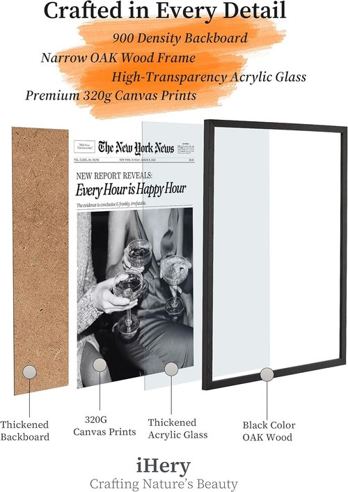 iHery Premium Black Oak Wood Wall Art - Trendy Framed Canvas Poster for Girly Dorm & Living Room | 8x10in