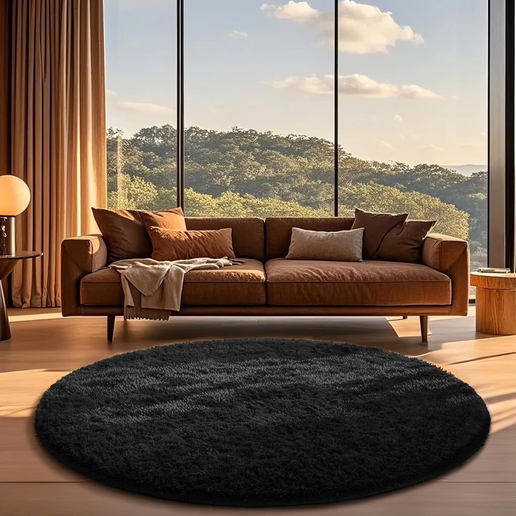 Ophanie Round Rug - 6Ft Black Circle Area Rug | Fluffy Shaggy Carpet for Bedroom & Nursery Decor