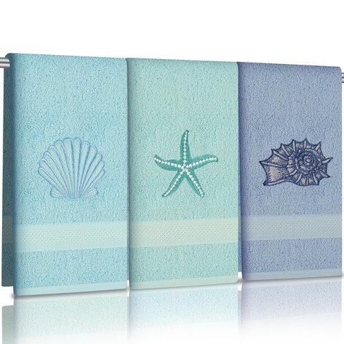 Ddeetodu 3 Pcs Coastal Hand Towels Ocean Decorative Bathroom Towels Decors Beach Hand Towel Embroidered Towel Decorative Set 100% Cotton Soft Absorbent Towels for Bathroom Decors