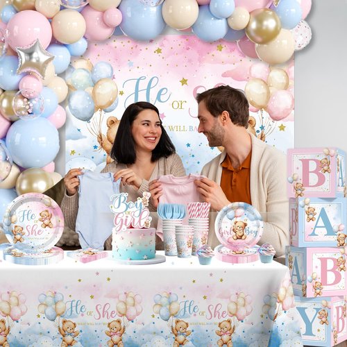 cocomigo 232pcs Bear Gender Reveal Decorations Complete Party Set, He or She Baby Gender Reveal Decorations, Boy or Girl Bear Theme Party Supplies, Serves 20 Guests