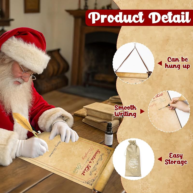 Christmas Naughty & Nice Scroll Set with Golden Feather Pen, Vintage Burlap Bag
