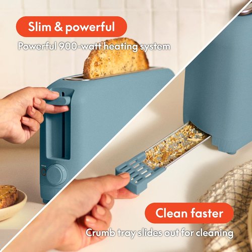 Bella 2-Slice Slim Toaster - 6 Shade Settings, Reheat & Cancel Functions | Fits Sourdough, 10” Long Slot, Anti-Jam, Auto Shutoff, 900 Watts, Surf Color