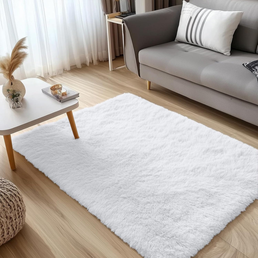 OLANLY Small Bedside Rug - Soft, Fluffy Shaggy Throw Rug for Bedroom & Living Room | White, Machine Washable