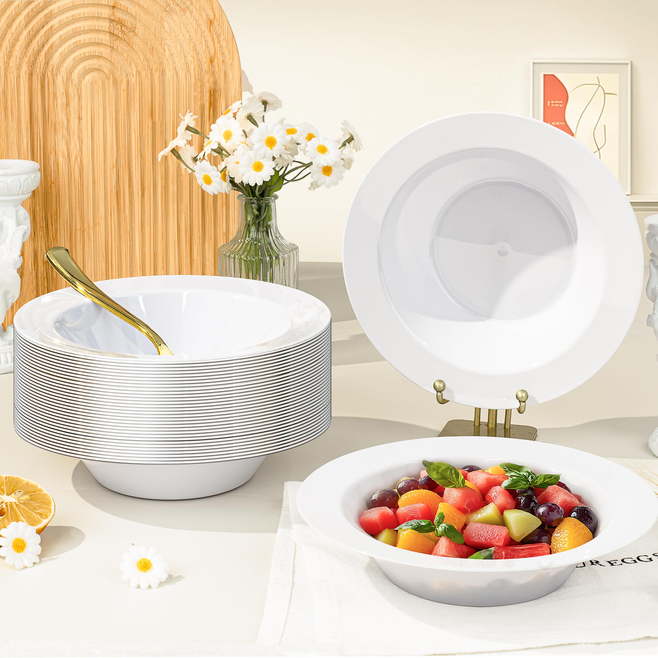 BESTVIP 100 Pack 12 oz White Plastic Bowls, Disposable Soup Bowls, Heavy-duty Dessert Salad Bowl for Christmas, Party, Wedding, Dinner, Catering