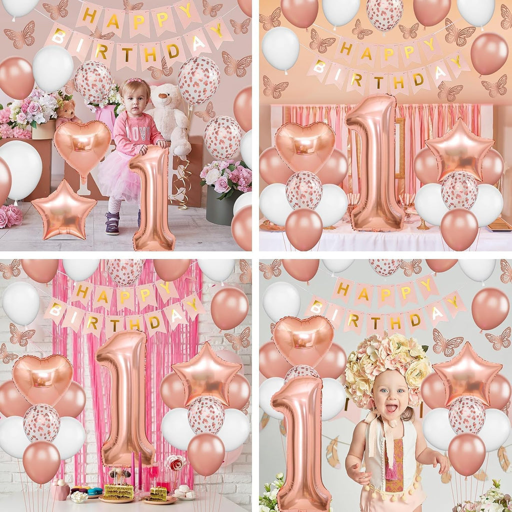 Rose Gold 1st Birthday Decoration Set | 1st Birthday Balloon with Butterfly Stickers & Foil Balloons