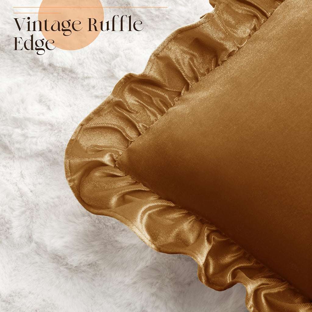 KKJIAF Gold Velvet Throw Pillow Covers 18 x 18 Inch Set of 2, Ruffle Euro Pillow Shams Velvet Square Pillow Case for Sofa Bedroom Couch Decorative