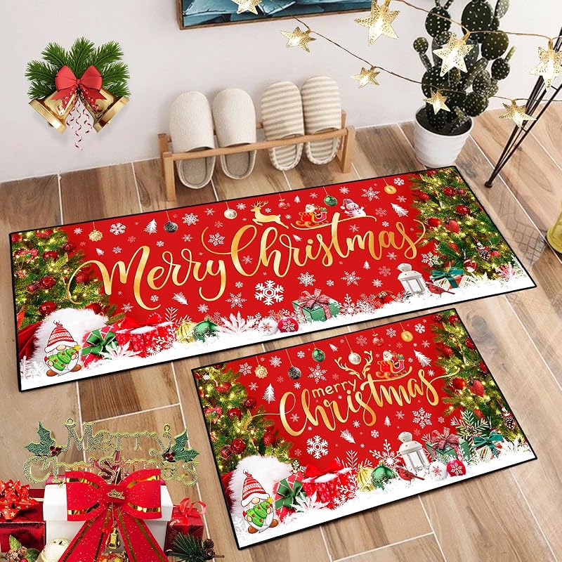 Merry Christmas Kitchen Rugs Set of 2, 17x47 and 17x30, Non-Slip Washable Mats for Christmas Decor