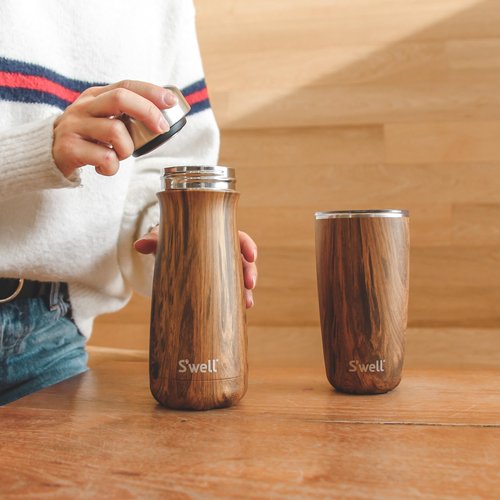 S'well Stainless Steel Traveler, 16oz, Teakwood, Triple Layered Vacuum Insulated Containers Keeps Drinks Cold for 24 Hours and Hot for 12, BPA Free, Easy Carrying On the Go
