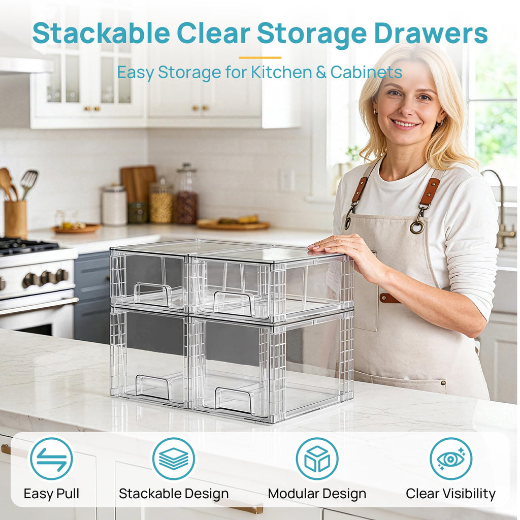 Vtopmart 4 Pack Clear Stackable Storage Drawers,Under Sink and Kitchen Organizers Storage,Easy to Assemble Plastic Drawers for Baby Bottle,Medicine, Bathroom,Cabinet and Pantry Organization