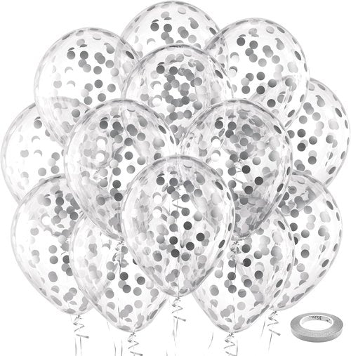 Bezente Silver Confetti Balloons - 12-Inch Helium Glitter Balloons for Weddings & Parties | 60 Pack