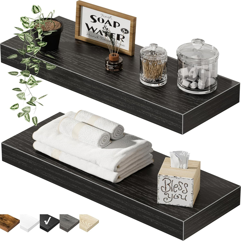 QEEIG Floating Bathroom Shelves - Wall-Mounted Farmhouse Decor | Set of 2, 15.7" x 6.7", Black