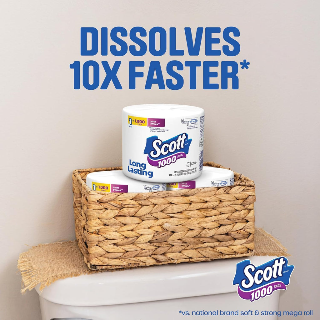 Scott 1000 Toilet Paper - Septic-Safe 1-Ply Tissue | 18 Rolls for Ultimate Cleanliness