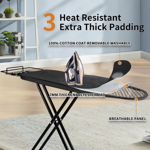 Ironing Board, 43x14 Inch Iron Board with Steam Rest, Heavy Duty Metal Frame Legs Ironing Table with Heat Resistant Cover Mat, Foldable Full Size Hanger Ironing Stand (Black, 52" L x 14" W x 34.6" H)