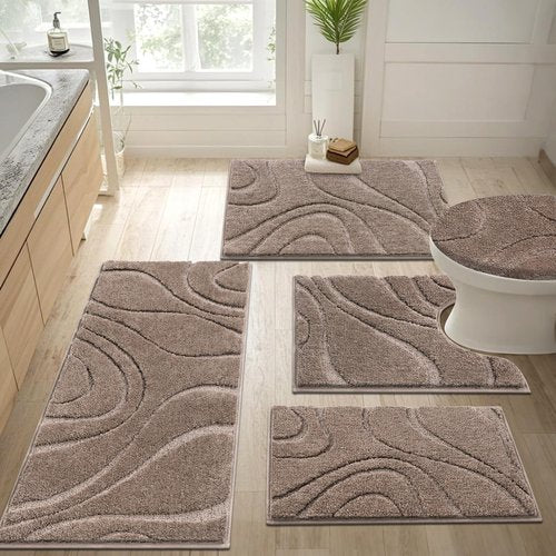 HEBE Bathroom Rugs Sets 5 Piece, Soft Absorbent Microfiber Bath Mat for Bathroom, Non Slip Washable Bath Rug Set with Toilet Cover, Bath Runner and U-Shaped Contour Toilet Rug, Coffee