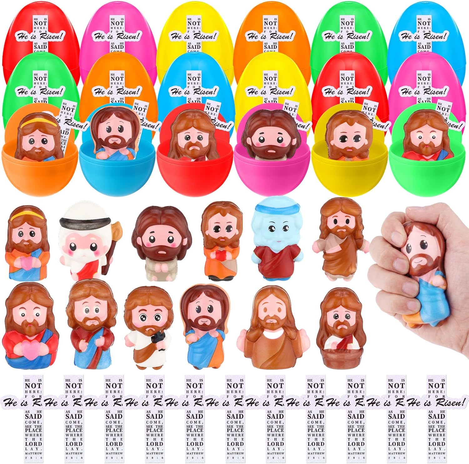 Novabright Easter Egg Set - 36 Colorful Eggs with Jesus Figures & Scripture Stickers for Church Hunts