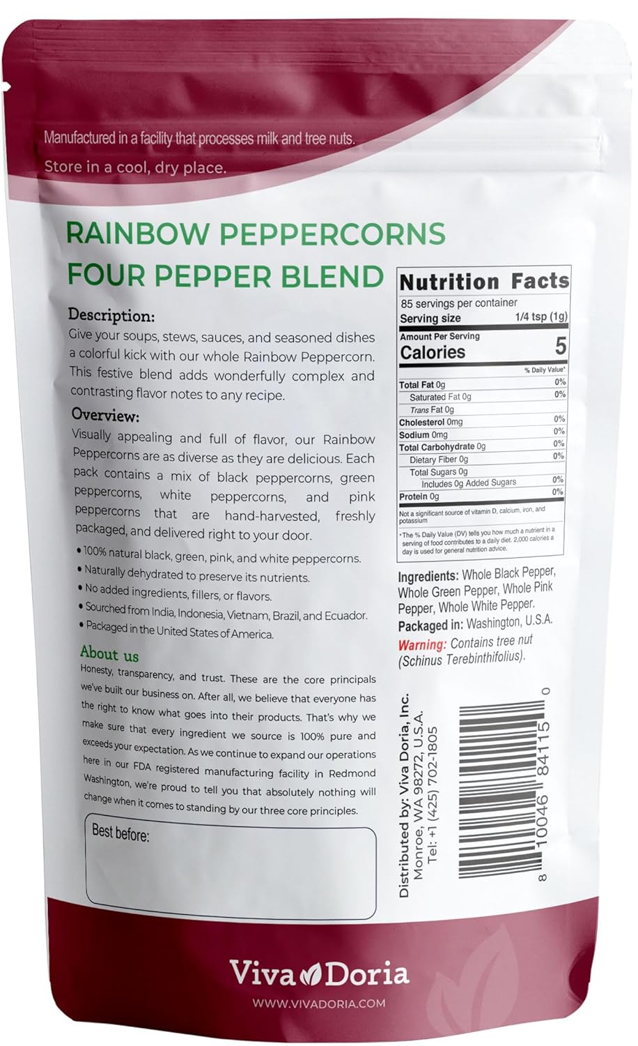 Viva Doria Rainbow Peppercorns - Four Peppercorn Blend, Steam Sterilized, 6 Oz Grinder Refill
