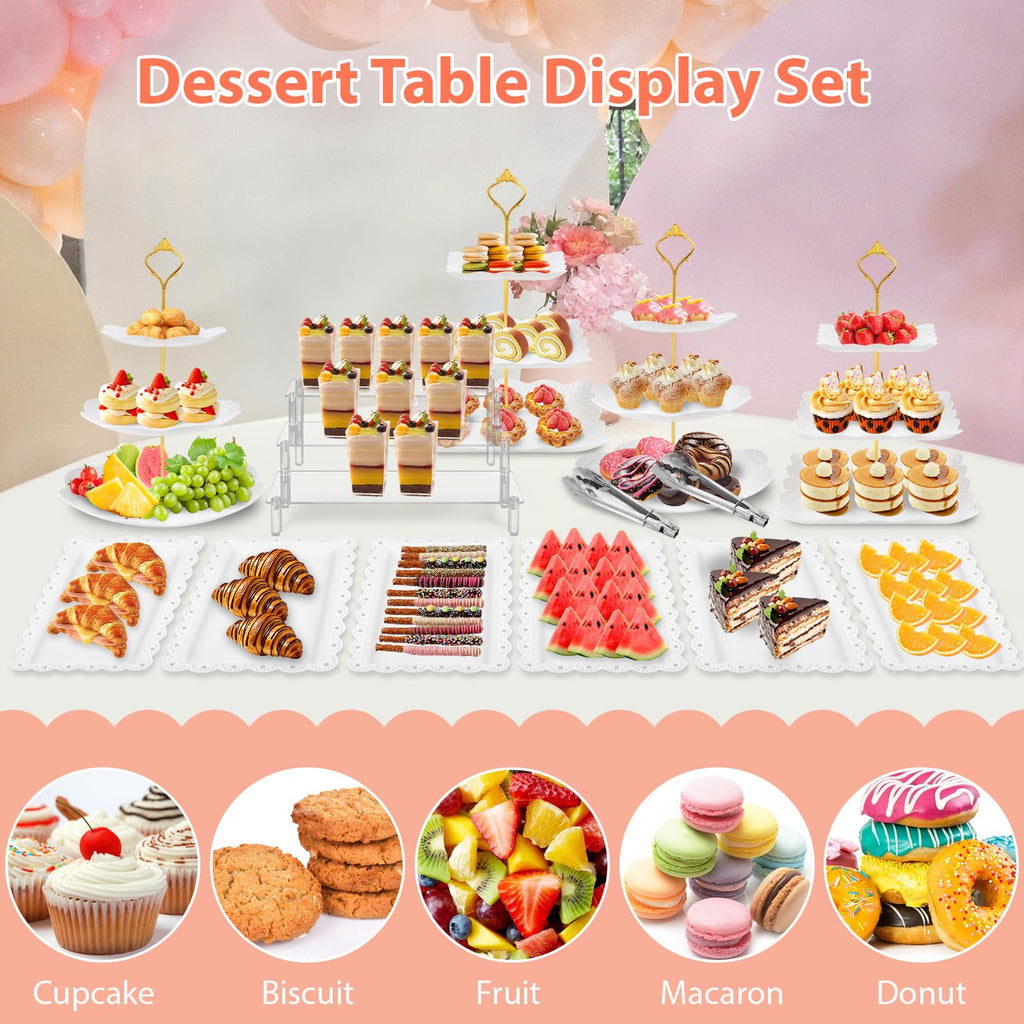 Xoogifae 13pcs Dessert Table Display Set, 4pcs Tiered Cupcake Stand Holder Tower, 1pc Acrylic Dessert Display Riser, 6pcs Serving Trays, 2pc Tong Combo For Wedding Party Birthday Bride Baby Shower