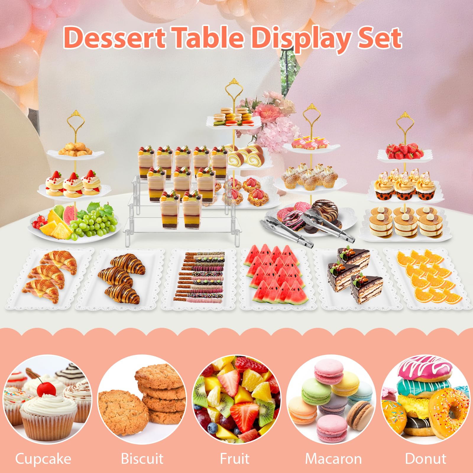Xoogifae 13pcs Dessert Table Display Set, 4pcs Tiered Cupcake Stand Holder Tower, 1pc Acrylic Dessert Display Riser, 6pcs Serving Trays, 2pc Tong Combo For Wedding Party Birthday Bride Baby Shower