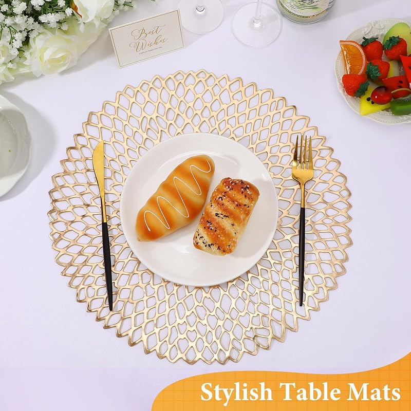 Gold Round Placemats 15 Inch Set of 48 - Non-Slip Vinyl Chargers for Christmas Dinner