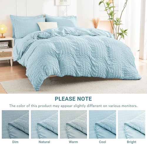 HYMOKEGE King Size Comforter Set - Luxury 7-Piece Bedding Set in Lake Blue | All-Season Seersucker Design