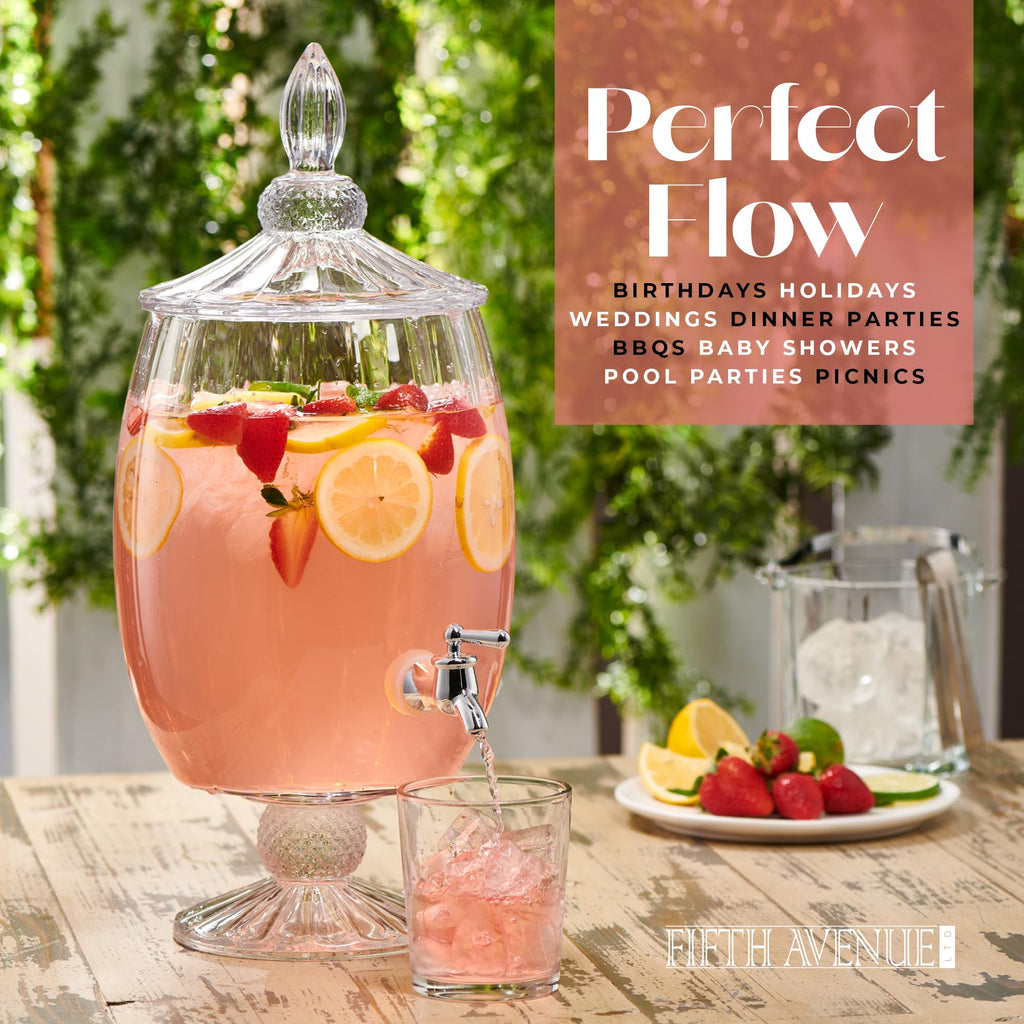 Fifth Avenue Crystal Madison Optic Beverage Cold Drink Dispenser w 1.7-Gallon Capacity Glass Jug, Leak Proof Acrylic Spigot for Parties, Weddings,& More, 8.5x18