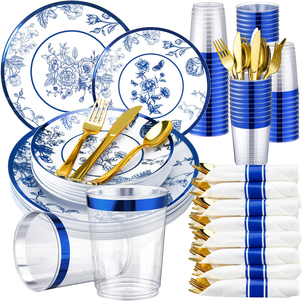 Suttmin 350 Pcs Plastic Dinnerware Set for 50 Guests Include 50 Dinner Plates, 50 Dessert Plates, 50 Pre Rolled Napkins with Gold Silverware, 50 Cups for Party(Blue and White Porcelain)