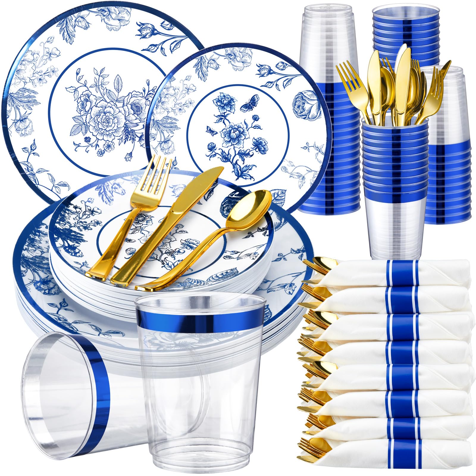 Suttmin 350 Pcs Plastic Dinnerware Set for 50 Guests Include 50 Dinner Plates, 50 Dessert Plates, 50 Pre Rolled Napkins with Gold Silverware, 50 Cups for Party(Blue and White Porcelain)