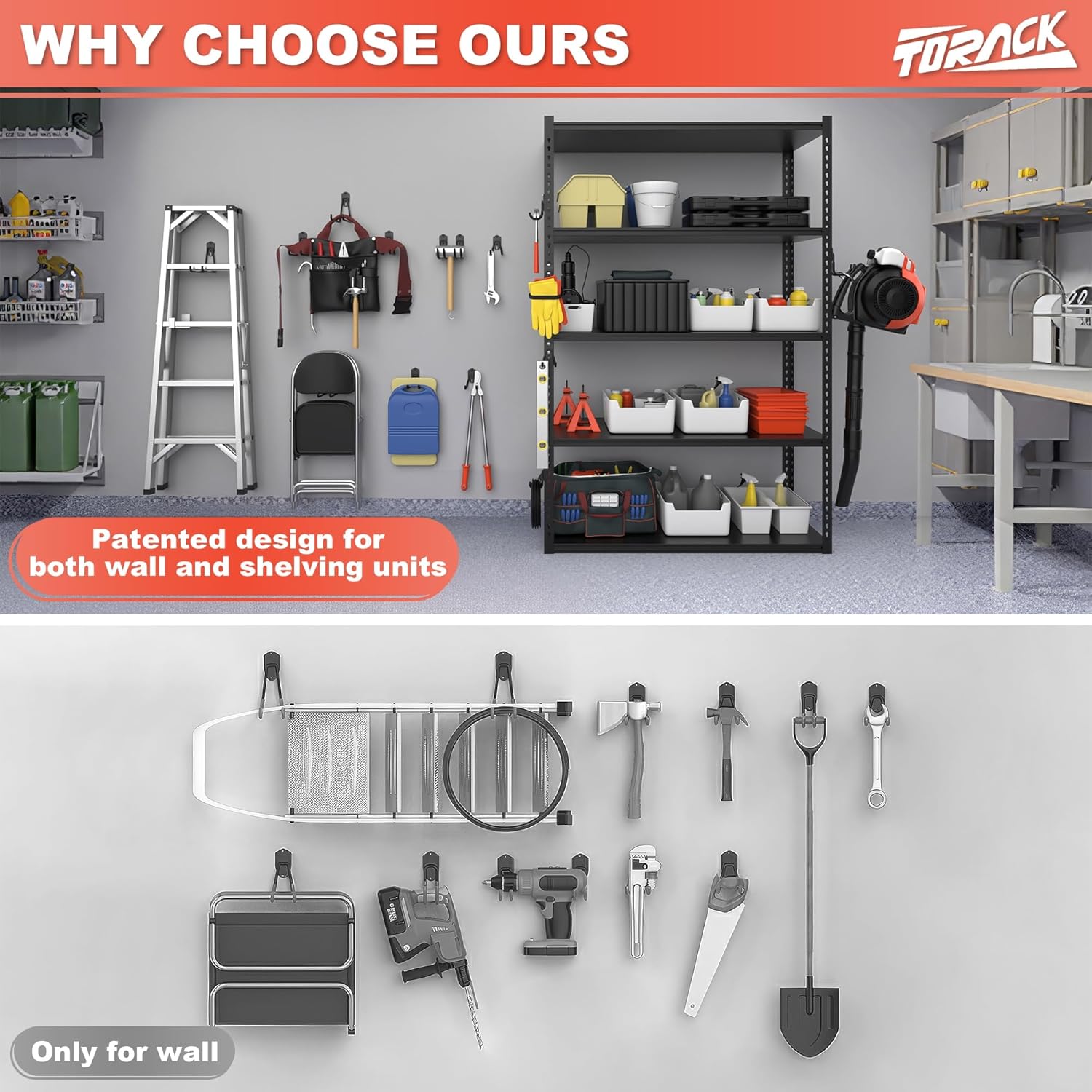TORACK 15 PCS Garage Storage System Hooks - Wall Mount Utility Hooks for Tools, Ladders & More (Black)