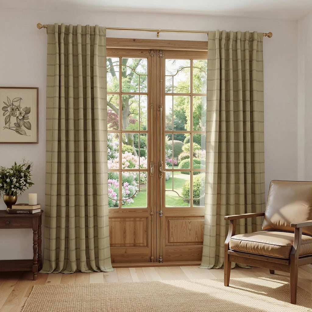 NICETOWN 100% Blackout Curtains - Plaid Farmhouse Design | 84-Inch Long, 2 Panels Set, Thermal Insulated, 52" W, Burlap