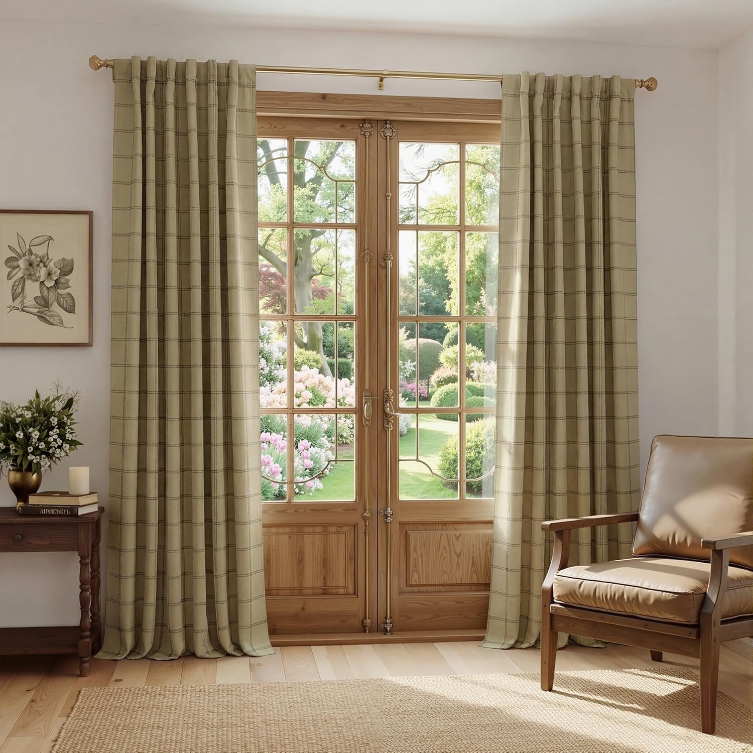 NICETOWN 100% Blackout Curtains - Plaid Farmhouse Design | 84-Inch Long, 2 Panels Set, Thermal Insulated, 52" W, Burlap