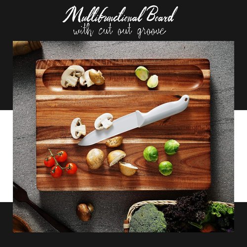 XL Acacia Wood Cutting Board (20x15x1.5in) and Wooden Butcher Block, Chopping Board-Reversible Multipurpose For Meat, Cheese Board, Vegetables, Bread with Juice Groove, Cracker Holder & Inner Handles