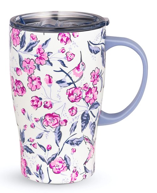 Vera Bradley Insulated Coffee Mug with Handle, 18 Ounce Stainless Steel Tumbler with Lid, Pink Floral Metal Thermal Cup, Hummingbird Ditsy