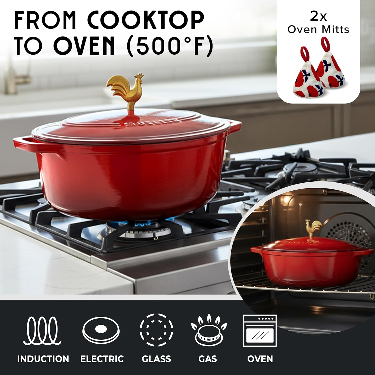 MUELLER HOME Enameled Cast Iron Dutch Oven - 5.5 Quart with Rooster Knob & Potholders, Oven-Safe to 500°F, Red