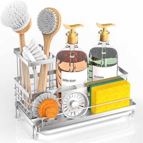 Cisily Stainless Steel Kitchen Sink Caddy - Rustproof Organizer with Non-Slip Soap Dish & Sponge Holder