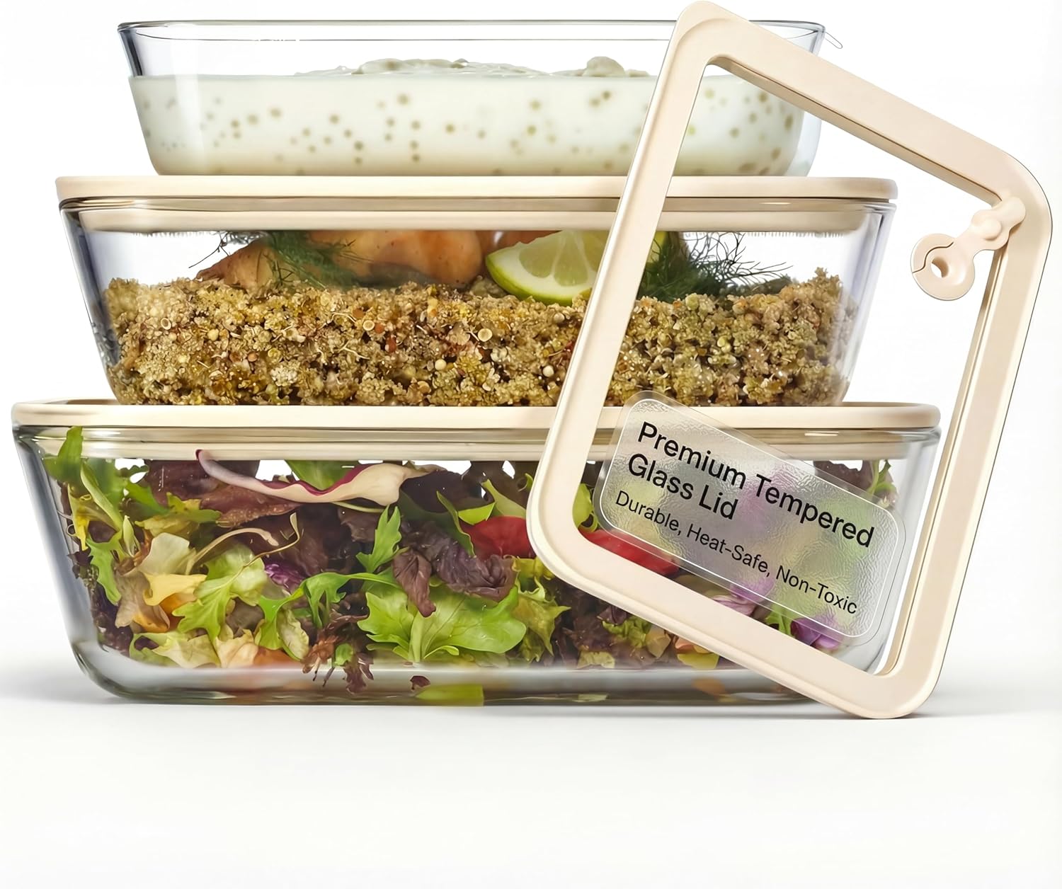 Skiennix Glass Storage Container Set - Borosilicate Glass with Tempered Lids | Airtight & Microwave Safe (Rectangular - Set of 3)