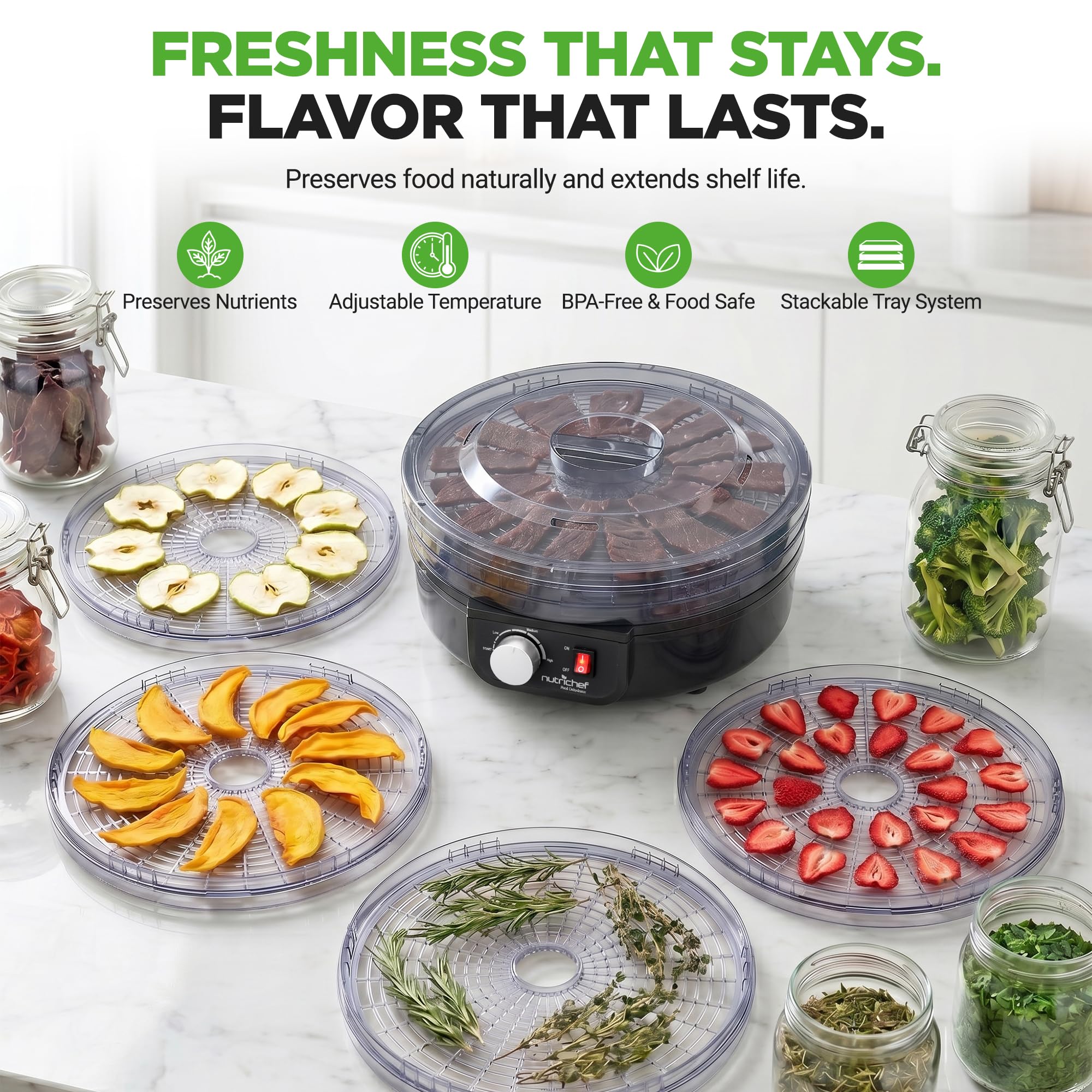 Nutrichef Electric Countertop Food Dehydrator | Professional Multi-Tier Food Preserver | Dehydrate Fish, Beef Jerky, Meats, Mushrooms, Fruits & Vegetables | 5 Stackable Trays for Easy Cleaning