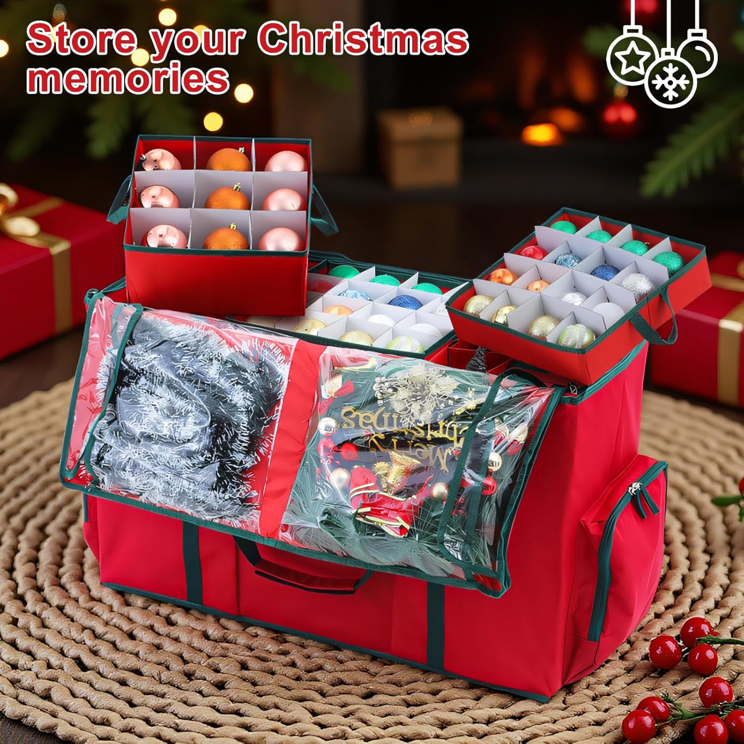 Skiennix 2-In-1 Christmas Ornament Organizer Box - Holds 73 Holiday Ornaments | Adjustable Space & Pockets for Figurines