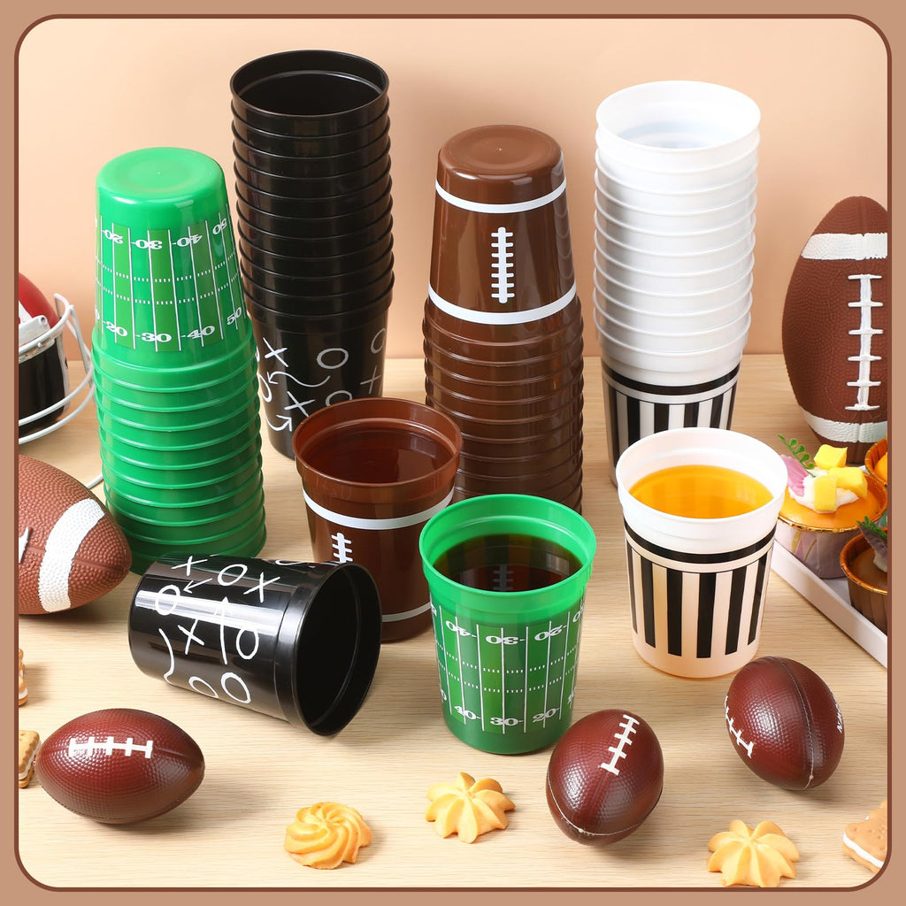 Tioncy 24 Pack Football Plastic Cups 16 oz Football Theme Reusable Cups 4 Designs Plastic Drinking Glass Bulk Assorted Sports Rugby Party Supply Drinkware for Coffee Beer Cream Snacks