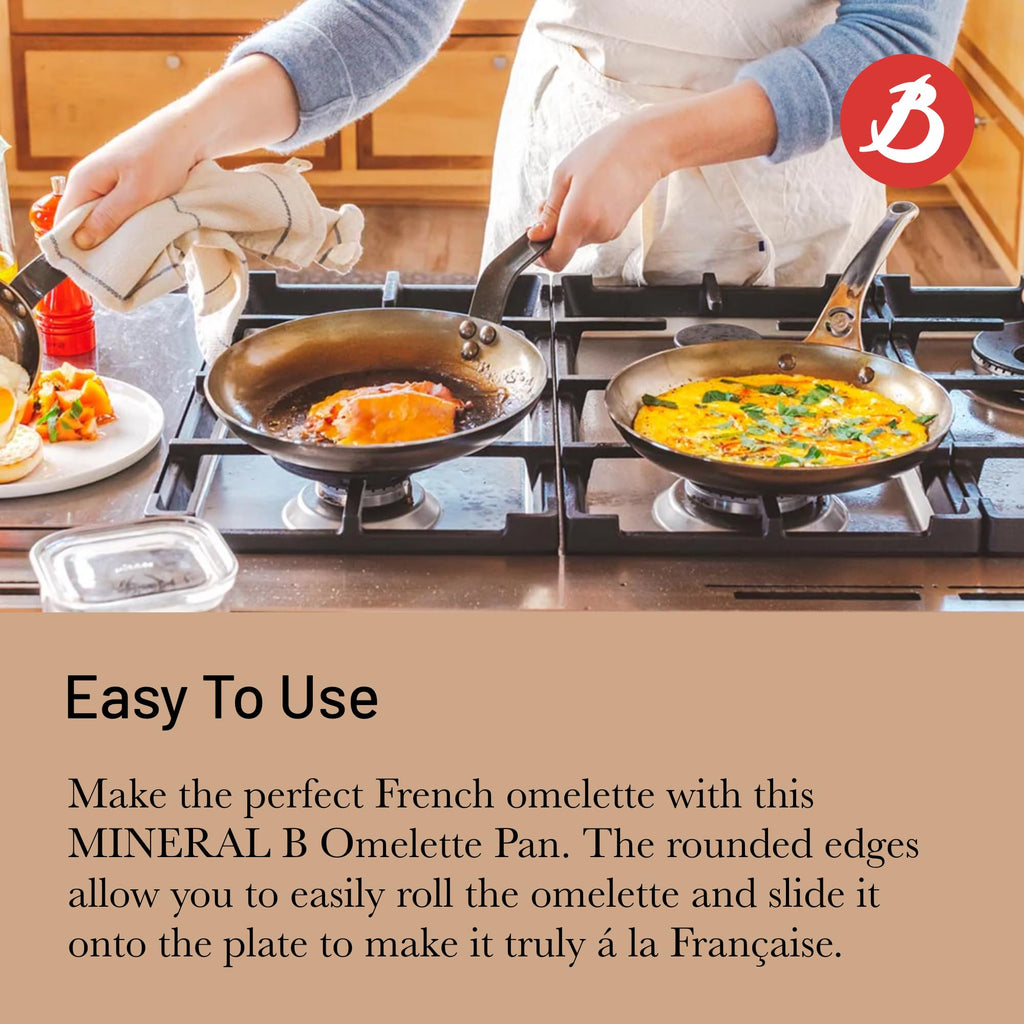 de Buyer MINERAL B Carbon Steel Omelette Pan - 9.5” Diameter, 7.7” Cooking Surface - Naturally Non-Stick Finish - Made in France