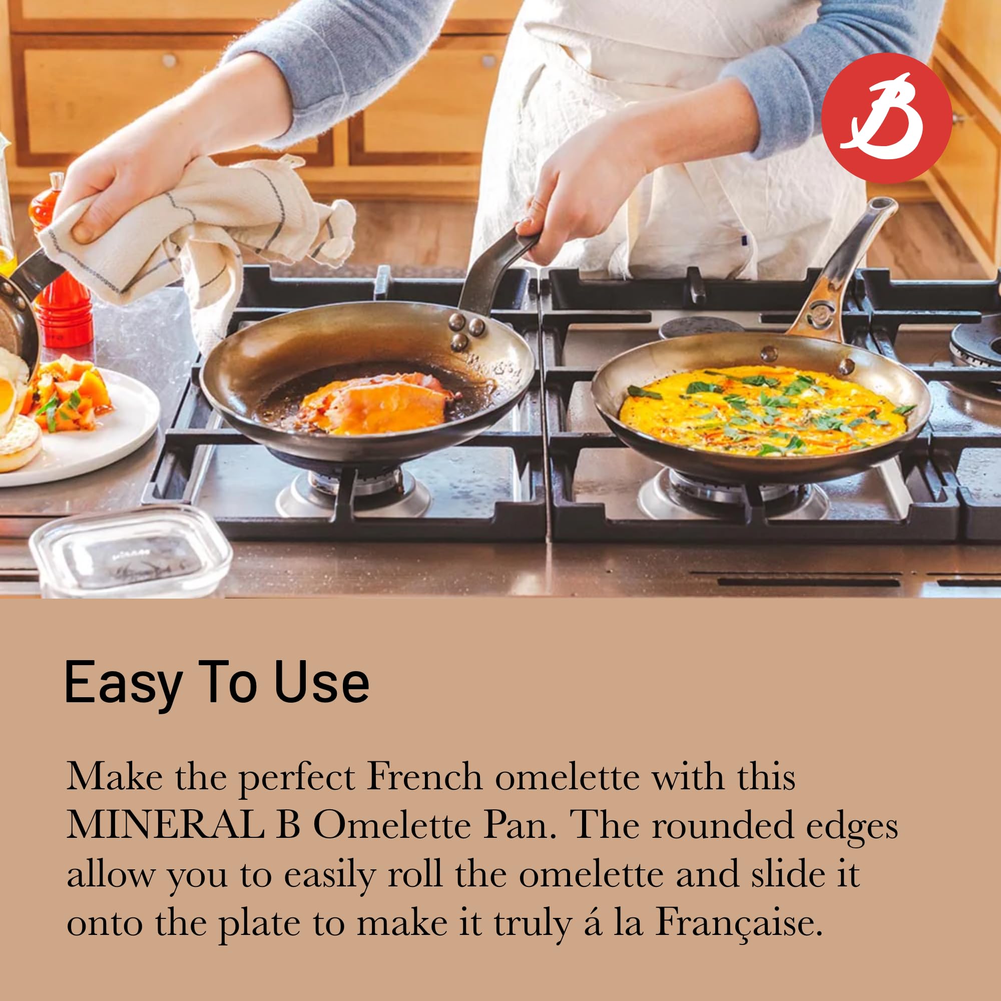 de Buyer MINERAL B Carbon Steel Omelette Pan - 9.5” Diameter, 7.7” Cooking Surface - Naturally Non-Stick Finish - Made in France