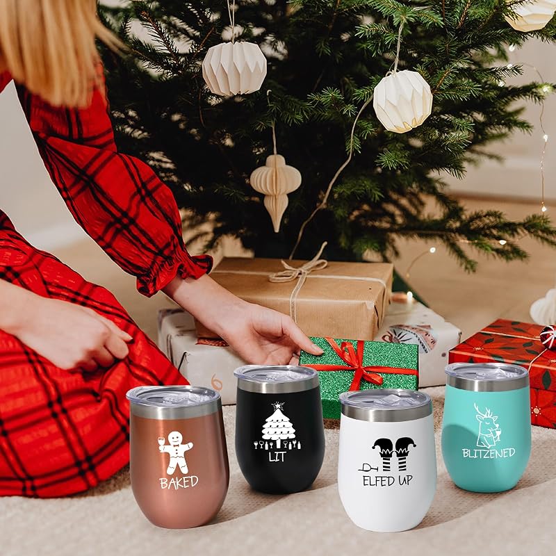 Gingrous 12oz Stainless Steel Christmas Wine Tumbler Set with Spoons - Rose Gold/Black/White/Mint, Pack of 4
