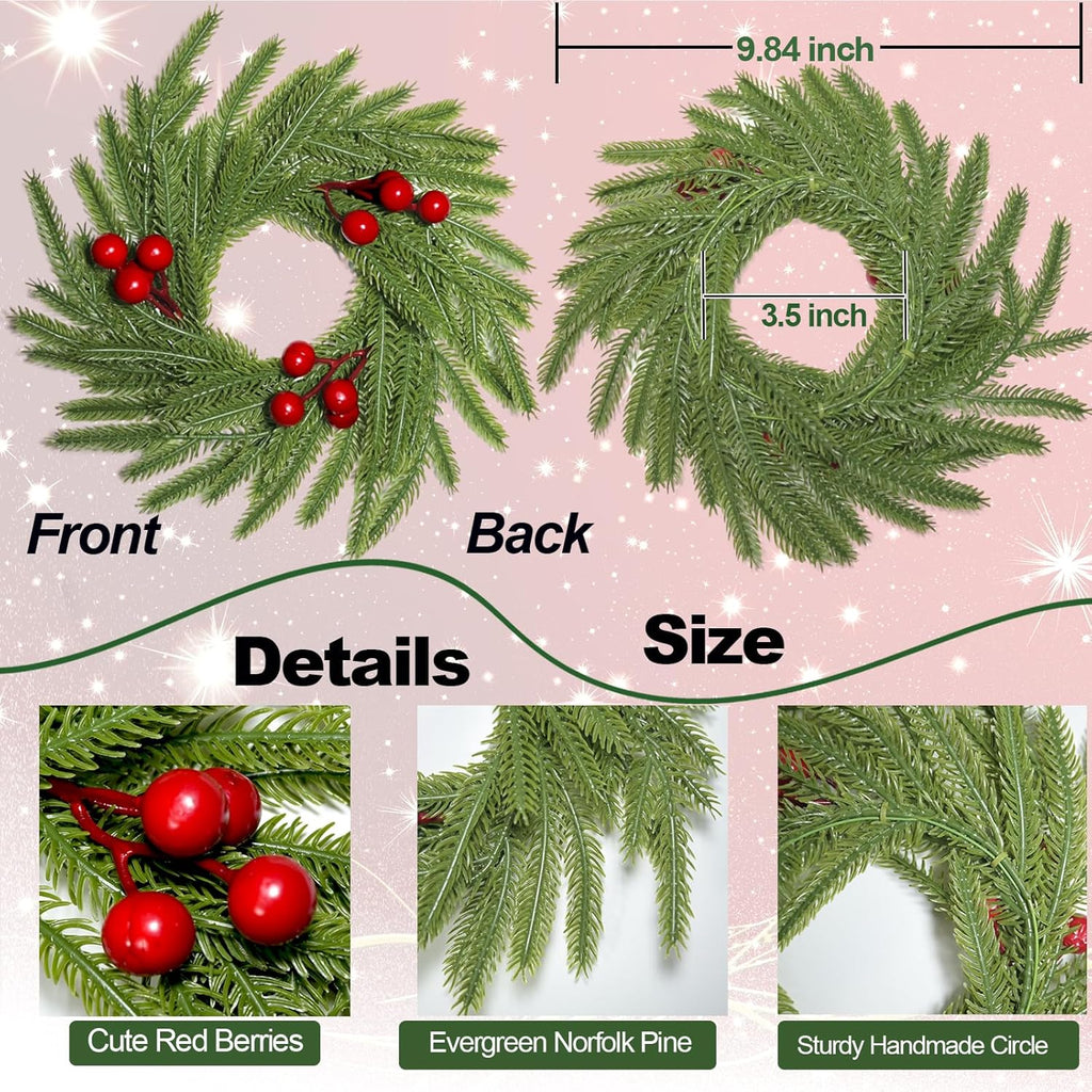 Norfolk Pine Candle Rings - 3Pcs Artificial Wreaths with Red Berry Accents | Festive Table Centerpieces