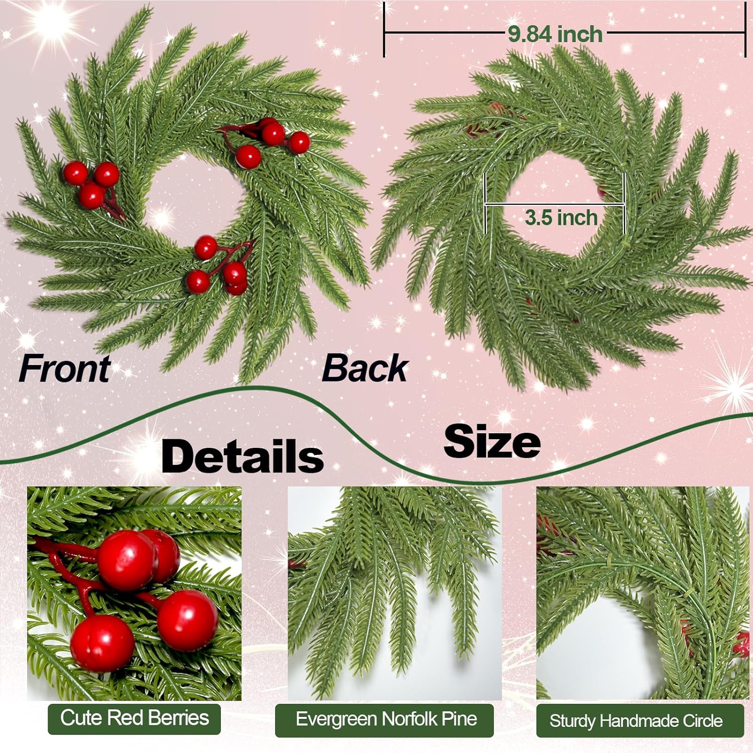 Norfolk Pine Candle Rings - 3Pcs Artificial Wreaths with Red Berry Accents | Festive Table Centerpieces