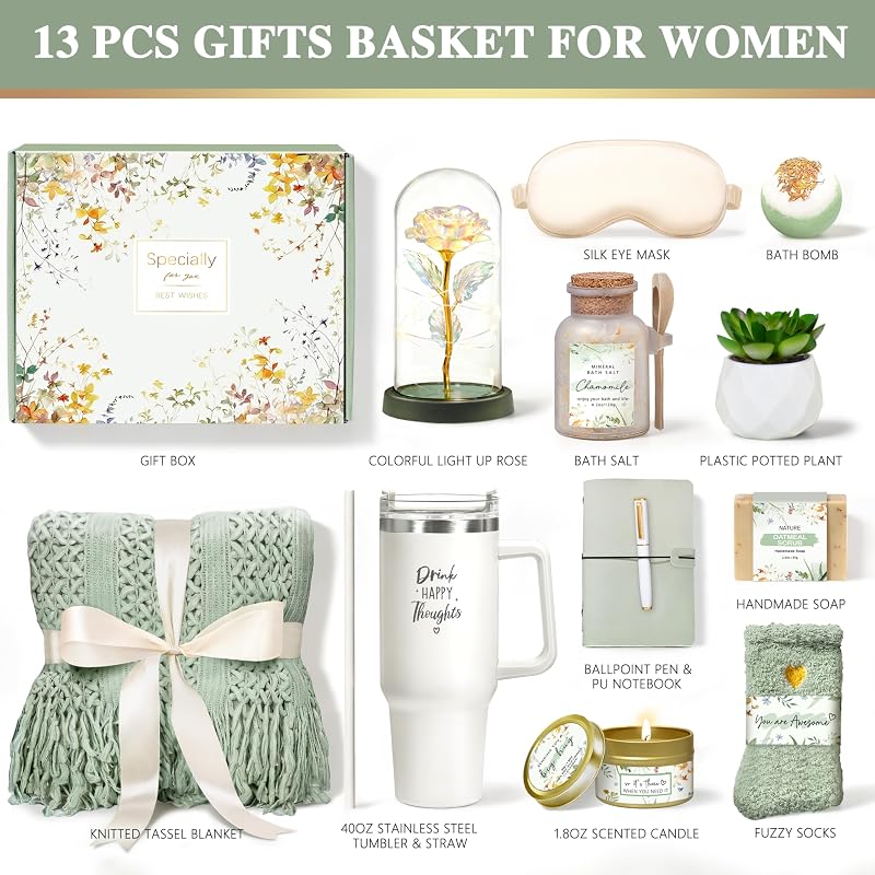 Birthday Gift Basket for Women - 13 Items Care Package, Green Variation