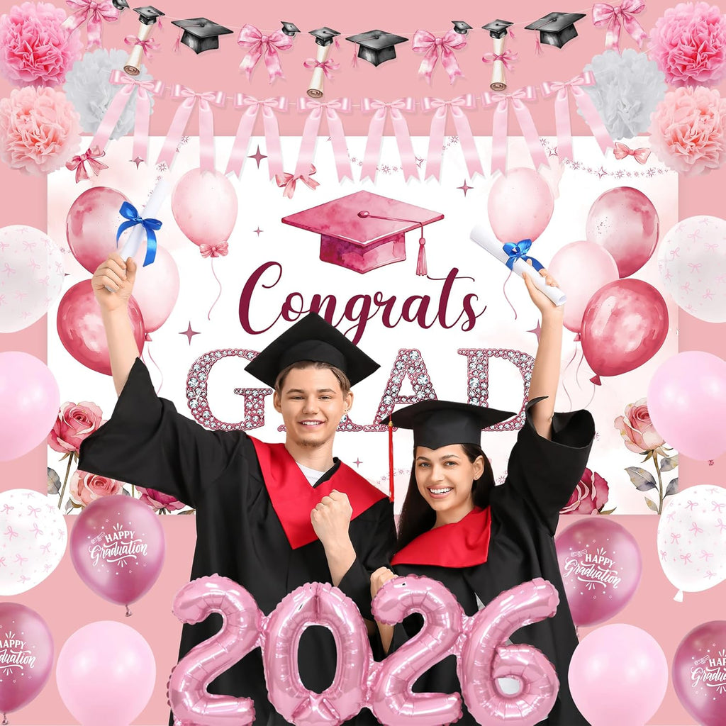 Regine Switzerland Pink Bow Graduation Decorations - 22PCS Party Supplies with Banner & Balloons