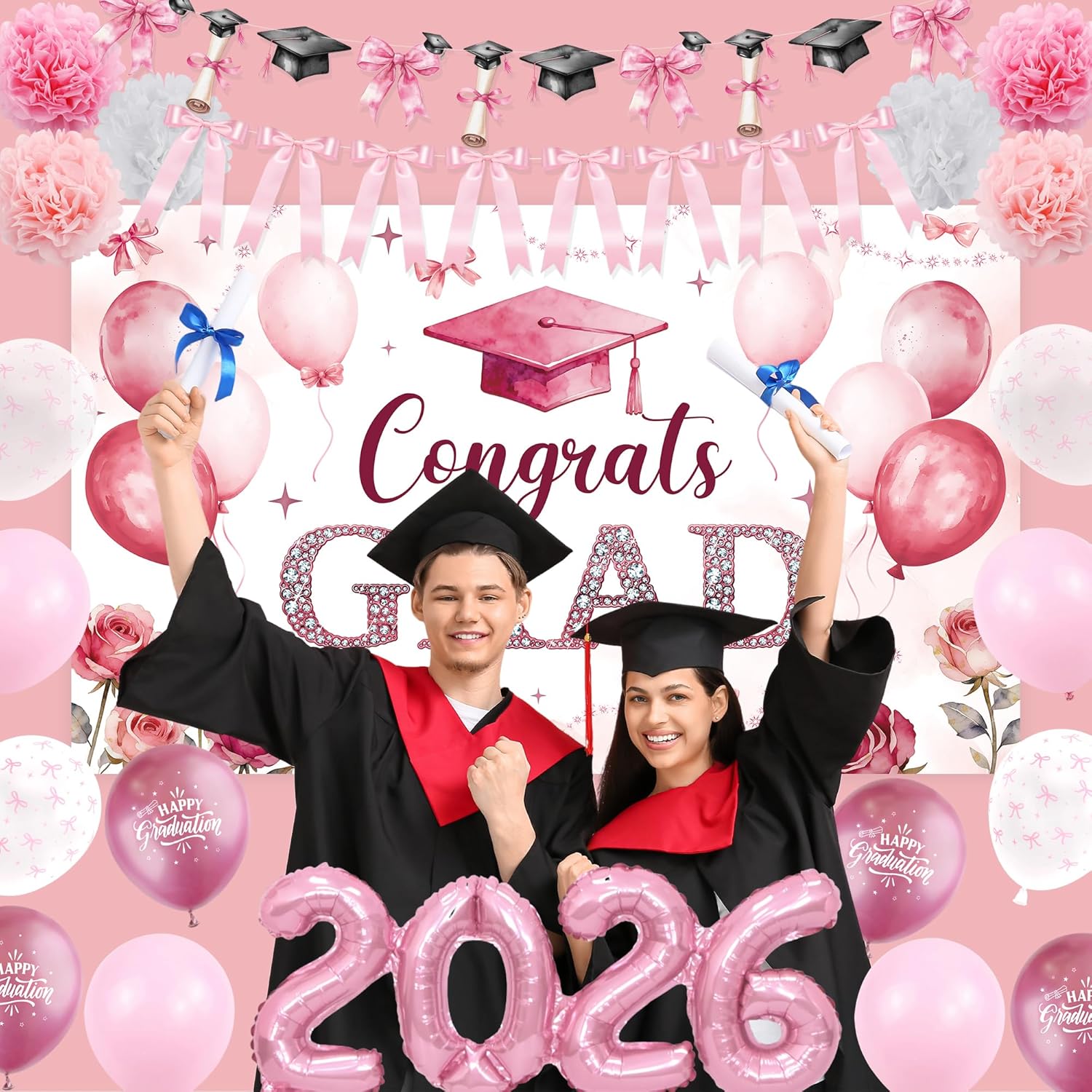 Regine Switzerland Pink Bow Graduation Decorations - 22PCS Party Supplies with Banner & Balloons