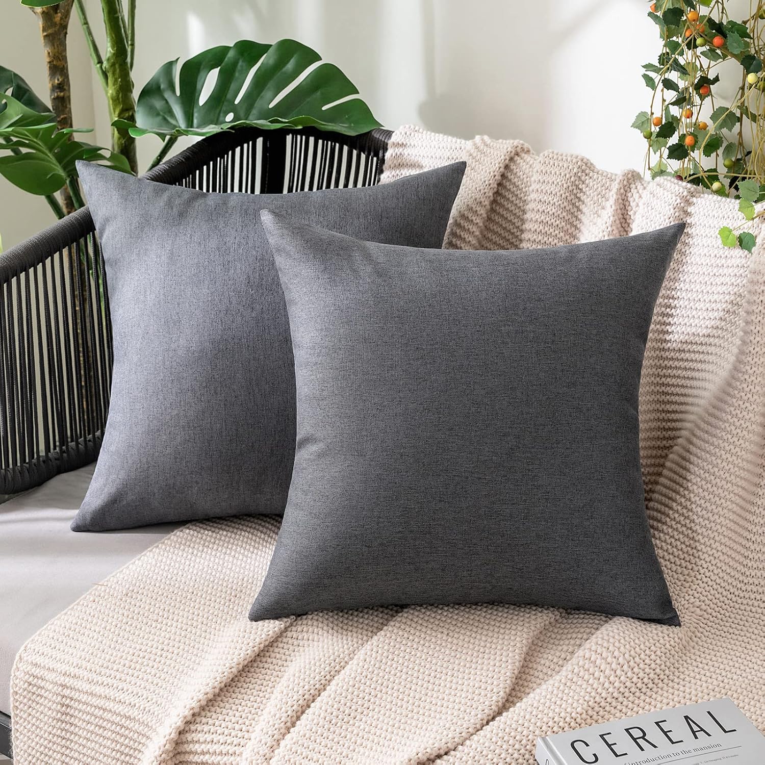 MIULEE Decorative Outdoor Throw Pillow Covers - Waterproof Faux Linen Cushion Cases | 16x16 Inch Dark Grey (Pack of 2)
