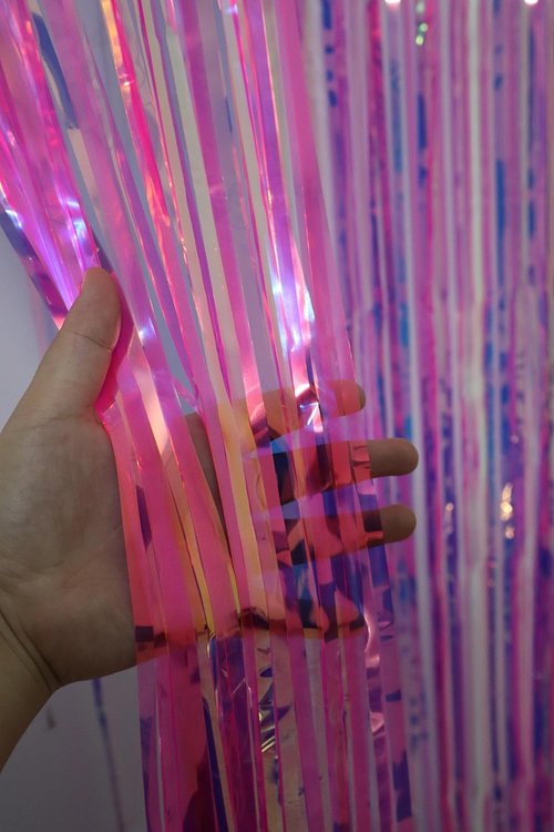 Iridescent Rose Pink Party Streamers - 2 Pack Neon Transparent Holographic Tinsel Backdrop | 3.31 x 6.6 ft